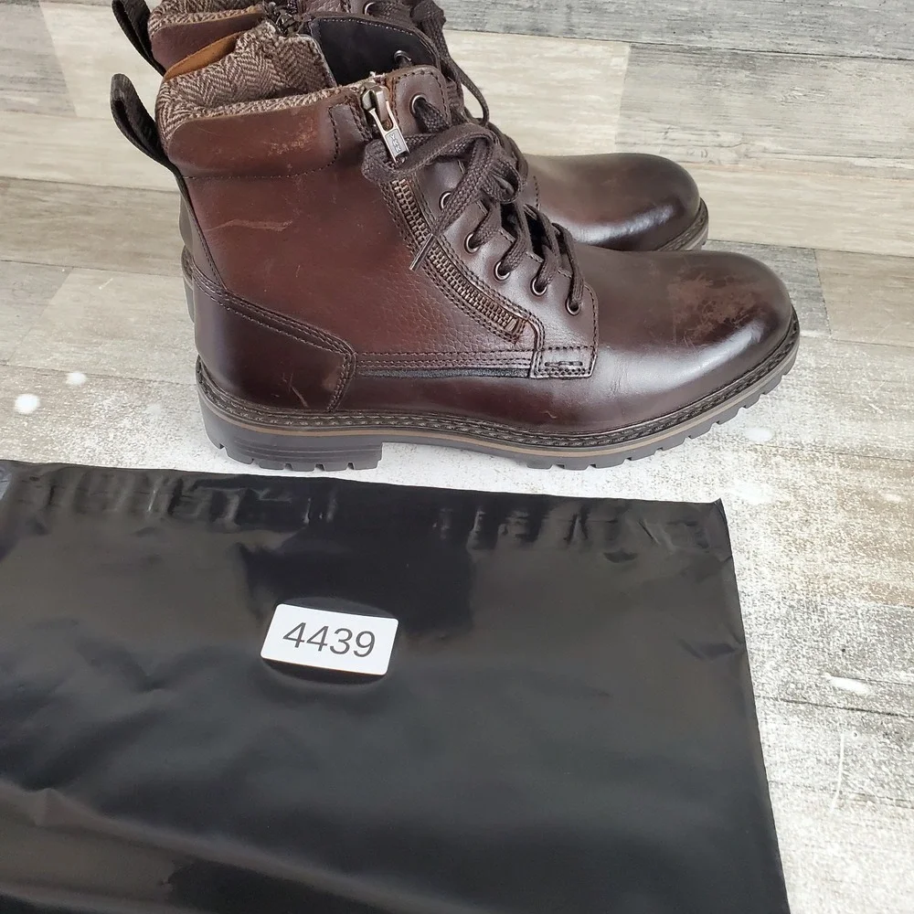 Steve Madden Saal Men Ankle Boot Sz 9 D Brown Leather Lace Up Side Zip Round Toe